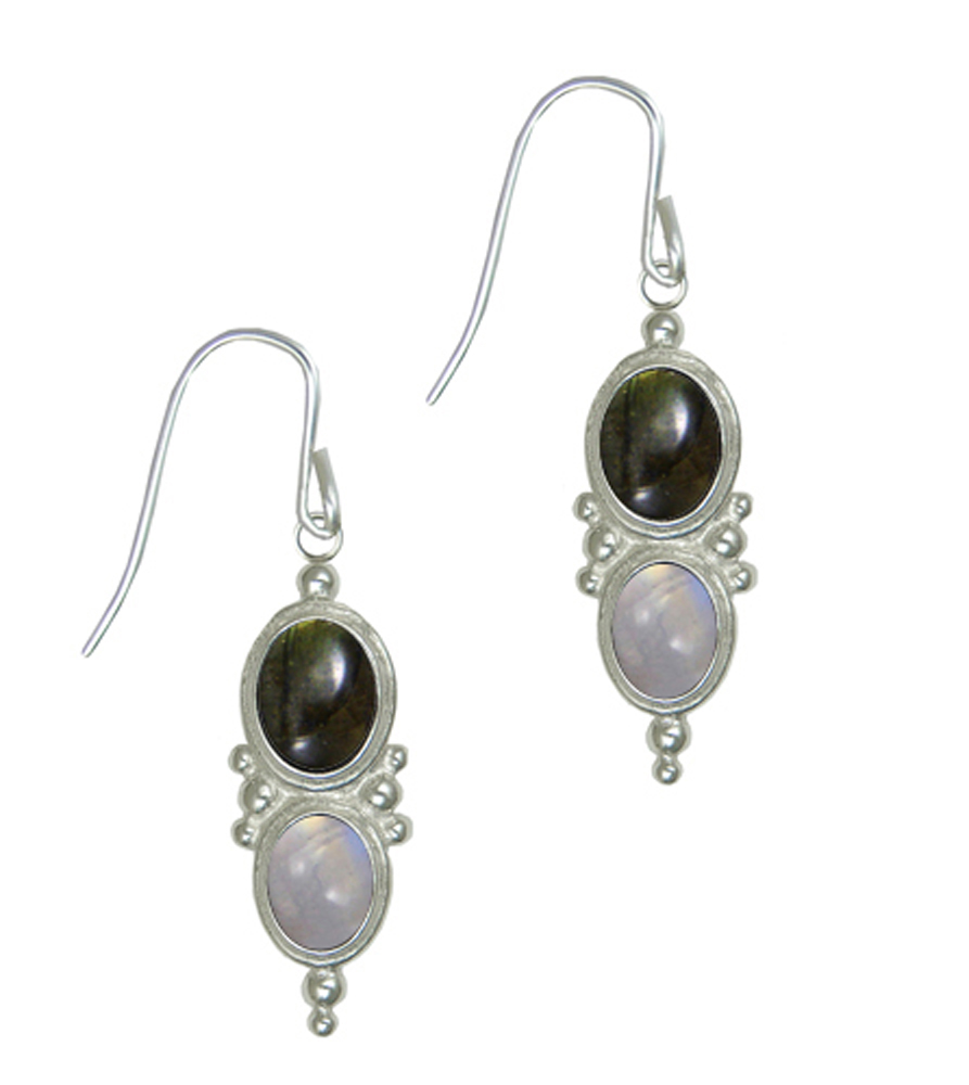 Sterling Silver Drop Dangle Earrings With Spectrolite And Rainbow Moonstone